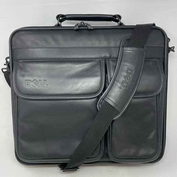 Dell Black Leather Heavy Duty Laptop Bag Messenger Attache Padded